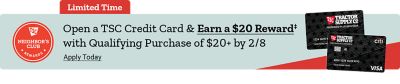 Promotional banner with a light blue background and red accent. A red label at the top reads: Limited Time. On the left is a circular badge reading: TSC Neighbor's Club Rewards. Main text reads: Open a TSC Credit Card & Earn a 20 dollar Reward, with Qualifying Purchase of 20 dollars plus by February 8th. A link below reads: Apply Today. On the right are two Tractor Supply Co. Preferred Plus Neighbor credit cards with the Visa logo visible.