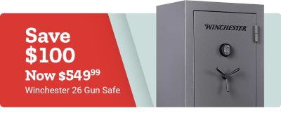 Promotional banner with a red background on the left and a light blue background on the right. Large white text reads: Save 100 dollars. Below, bold white text reads: Now 549 dollars and 99 cents. Smaller white text underneath reads: Winchester 26 Gun Safe. On the right side of the banner is a gray Winchester gun safe with a digital keypad lock and handle visible on the door.