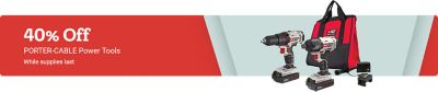Promotional banner with a red and light gray background. Large white text on the left reads: 40 percent off. Smaller white text below reads: PORTER-CABLE Power Tools. Additional text beneath reads: While supplies last. On the right side of the banner are images of two PORTER-CABLE cordless power tools, a drill and an impact driver, displayed alongside a red and black tool bag, two batteries, and a charger. The banner highlights a limited-time discount on PORTER-CABLE power tools.