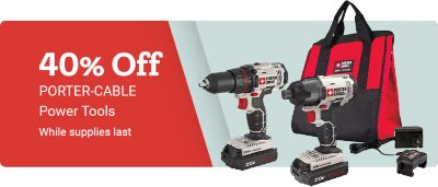 Promotional banner with a red and light gray background. Large white text on the left reads: 40 percent off. Smaller white text below reads: PORTER-CABLE Power Tools. Additional text beneath reads: While supplies last. On the right side of the banner are images of two PORTER-CABLE cordless power tools, a drill and an impact driver, displayed alongside a red and black tool bag, two batteries, and a charger. The banner highlights a limited-time discount on PORTER-CABLE power tools.