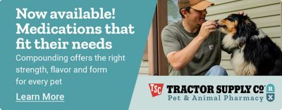 Now available! Medications that fit their needs. Compounding offers the right strength, flavor and form for every pet. Tractor Supply Co. RX Pet and Animal Pharmacy. Learn More. A promotional banner showing a person sitting outdoors giving medication to a dog by hand, with a teal background, angled design elements, and the Tractor Supply Co. RX branding displayed near the center.