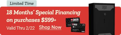 18 months* Special Financing on purchases 599 dollars plus. Valid Thru February 22nd. Limited Time. Shop Now. A promotional financing banner featuring a black storage safe on the right and images of Tractor Supply Co. credit cards with Visa and Citi logos against a red background.