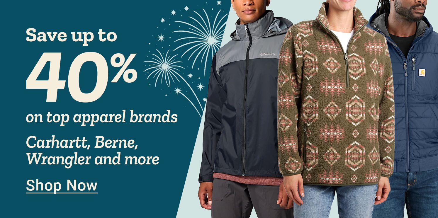 Save up to 40 percent on top apparel brands Carhartt, Berne, Wrangler and more. Shop Now. A promotional apparel graphic showing three models wearing outdoor jackets and tops, including a Columbia jacket with visible logo, a patterned fleece pullover, and a blue Carhartt jacket with logo patch, set against a teal background with illustrated fireworks.