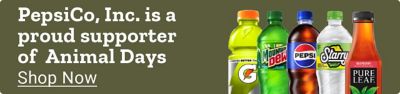 Tractor Supply Company Animal Days promotion. PepsiCo Inc is a proud supporter of Animal Days. Image shows PepsiCo beverage brands including Gatorade, Mountain Dew, Pepsi, Starry, and Pure Leaf. Shop Now.