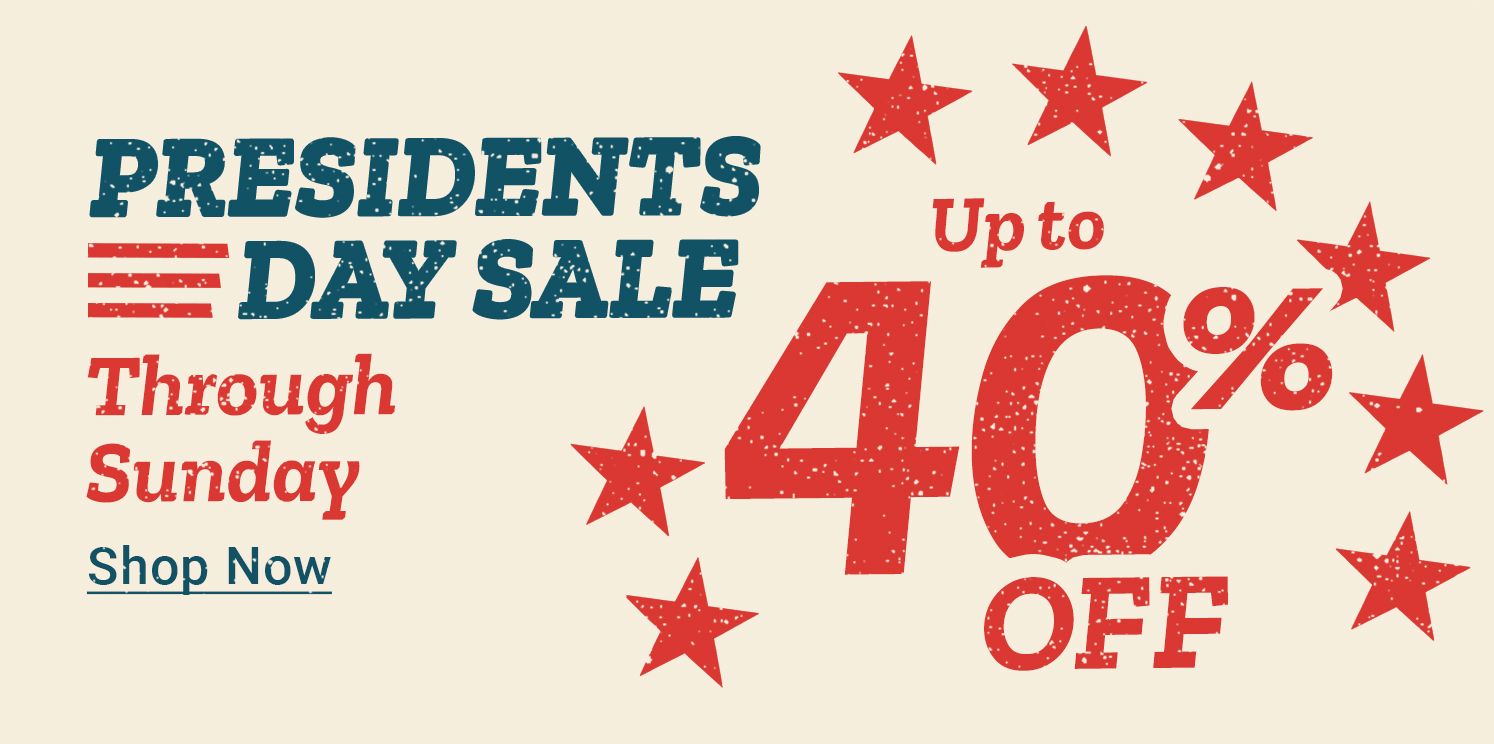 Presidents Day savings promotion offering up to 40% off through Sunday with Shop Now call to action and patriotic star graphics.