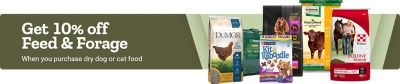 Promotional banner highlighting a special offer. Text reads: Buy Dog or Cat Food, get 10 percent off Feed and Forage. Features product images of animal feed bags on the right side against a branded background.