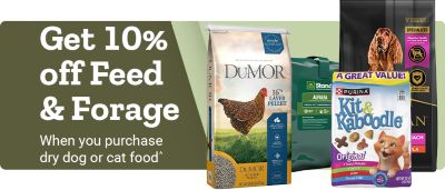 Promotional banner highlighting a special offer. Text reads: Buy Dog or Cat Food, get 10 percent off Feed and Forage. Features product images of animal feed bags on the right side against a branded background.