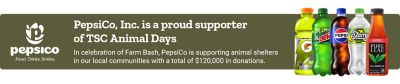 Promotional banner with PepsiCo branding. Text reads: PepsiCo is a proud supporter of TSC Animal Days. In celebration of Farm Bash, PepsiCo is supporting animal shelters in local communities with a total of 120,000 dollars in donations. Features the PepsiCo logo and a Shop Now call to action.