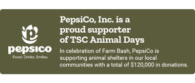 Promotional banner with PepsiCo branding. Text reads: PepsiCo is a proud supporter of TSC Animal Days. In celebration of Farm Bash, PepsiCo is supporting animal shelters in local communities with a total of 120,000 dollars in donations. Features the PepsiCo logo and a Shop Now call to action.
