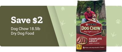 Promotional banner with a red background. Large text reads: Save 2 dollars. Smaller text reads: Dog Chow 18.5 lb. Dry Dog Food. On the right side of the banner is an image of a bag of Purina Dog Chow dry dog food.