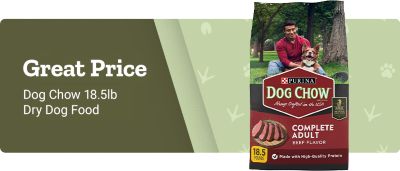 Promotional banner with a red background. Large text reads: Save 2 dollars. Smaller text reads: Dog Chow 18.5 lb. Dry Dog Food. On the right side of the banner is an image of a bag of Purina Dog Chow dry dog food.