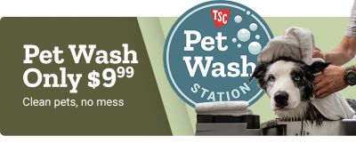 Promotional banner for pet wash services. Text reads: Pet Wash Only 9.99 dollars. Clean pets, no mess. Learn More.