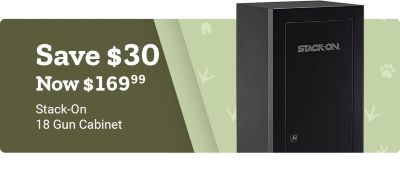 Promotional banner with a red and light gray background. Large white text reads: Save 30 dollars. Below, bold white text reads: Now 169 dollars and 99 cents. Smaller white text reads: Stack-On 18 Gun Cabinet. On the right side of the banner is an image of a Stack-On gun cabinet with a beveled edge door.