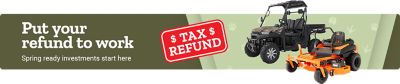 Promotional banner with a seasonal theme. Large text reads: Put your tax refund to work. Smaller text reads: Spring ready investments start here. Shop Now. On the right side of the banner are images of outdoor power equipment and yard tools.