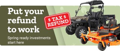 Promotional banner with a seasonal theme. Large text reads: Put your tax refund to work. Smaller text reads: Spring ready investments start here. Shop Now. On the right side of the banner are images of outdoor power equipment and yard tools.