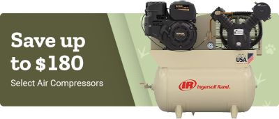 Promotional banner featuring air compressors. Large text reads: Save up to 180 dollars on Select Air Compressors. On the right side of the banner are images of air compressors displayed against a styled background.