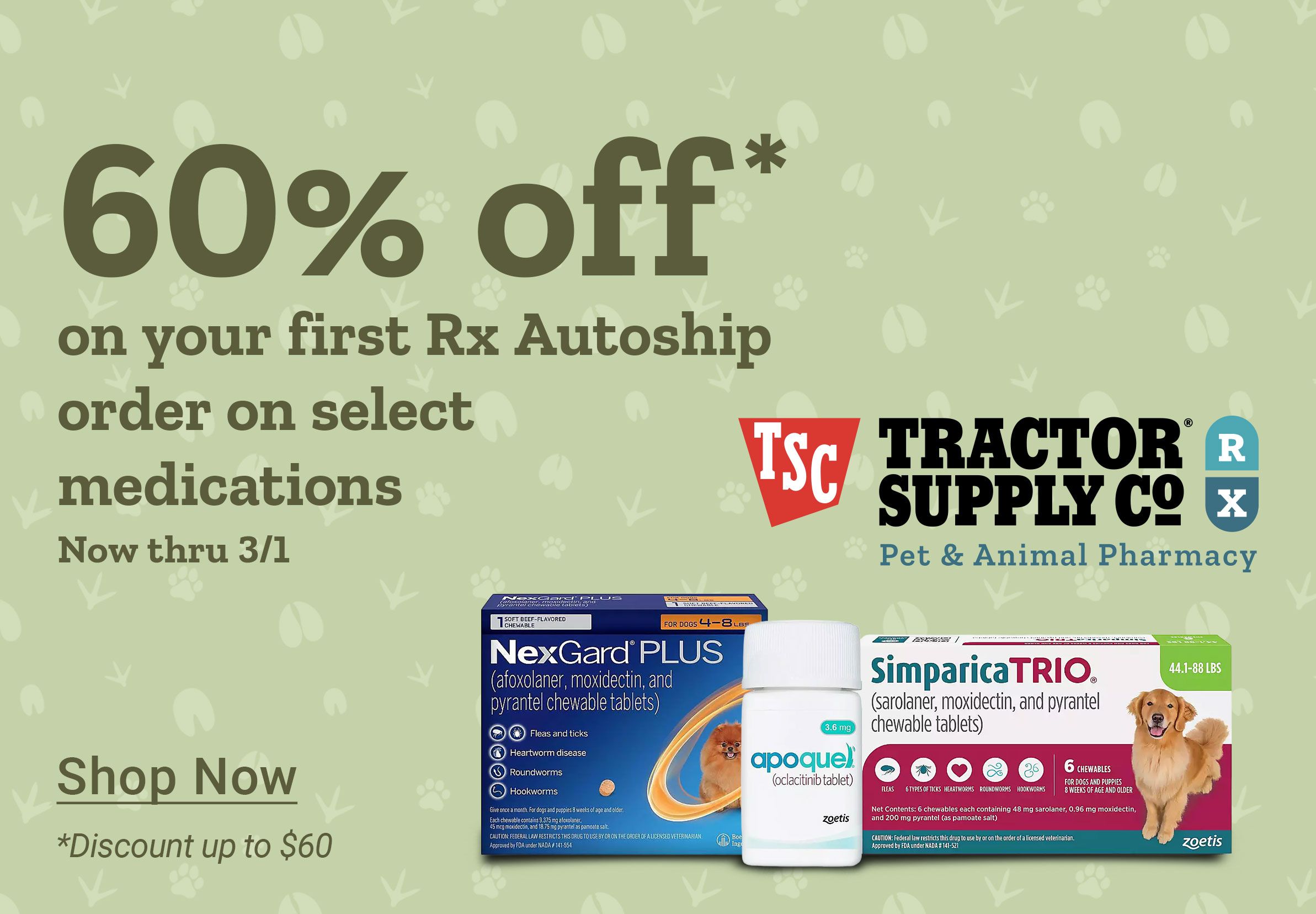 Tractor Supply Company Pet and Animal Pharmacy promotion. Save 60 percent off your first Rx Autoship order now through March 1. Image shows dog and cat beside prescription pet medication and TSC Tractor Supply Co RX logo. Shop Now.