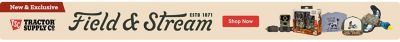 Wide promotional banner labeled New and Exclusive featuring the Tractor Supply Co logo on the left and the Field & Stream logo centered with the text Estb 1871. A red Shop Now button appears to the right. Product images on the far right include outdoor and hunting-themed items such as a trail camera, packaged accessories, apparel, and hats. The background is a light tan color with a clean retail marketing layout.