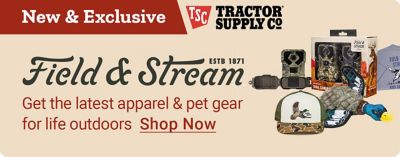 Wide promotional banner labeled New and Exclusive featuring the Tractor Supply Co logo on the left and the Field & Stream logo centered with the text Estb 1871. A red Shop Now button appears to the right. Product images on the far right include outdoor and hunting-themed items such as a trail camera, packaged accessories, apparel, and hats. The background is a light tan color with a clean retail marketing layout.