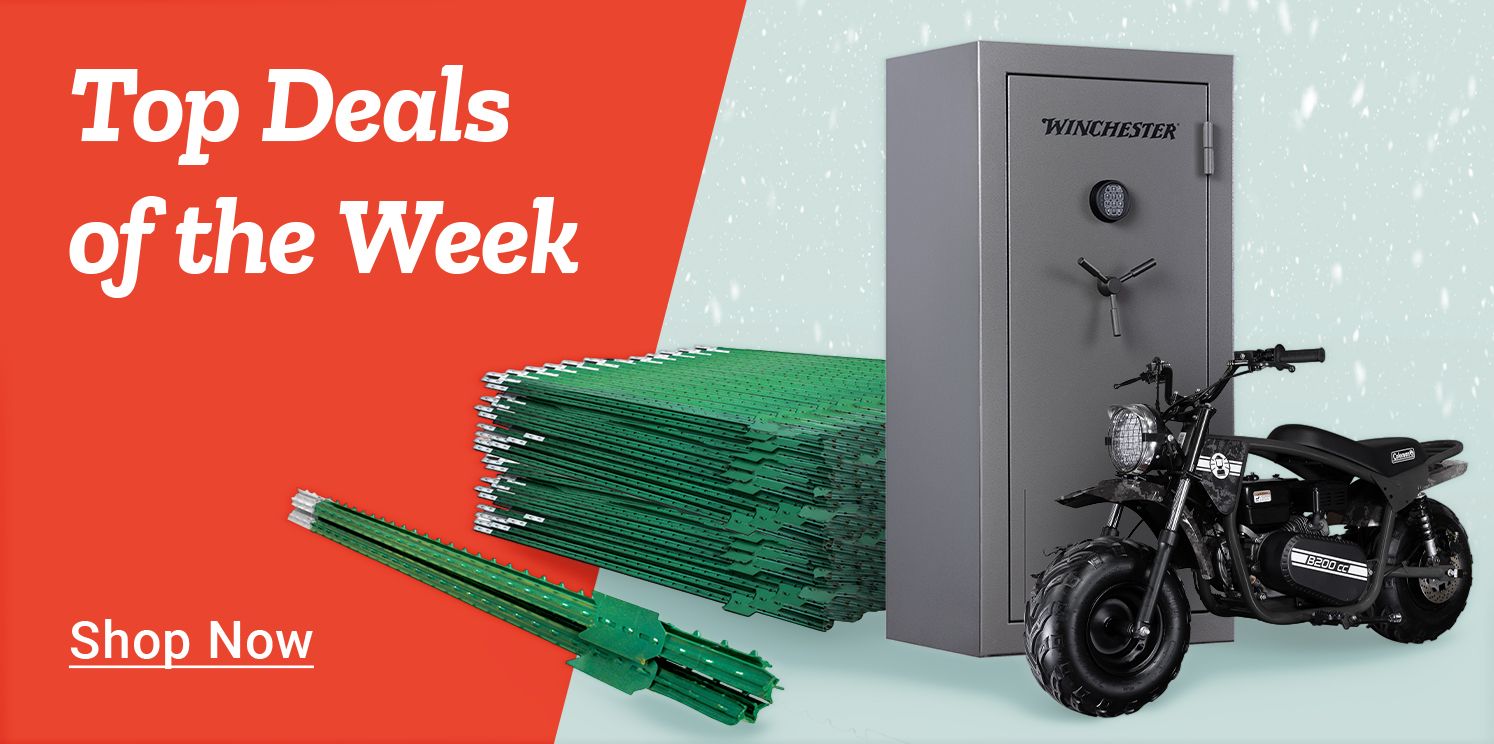 Promotional banner with a red and light blue split background. Large text on the left reads: Top Deals of the Week. A call to action below reads: Shop Now. On the right side of the image is a tall gray Winchester gun safe with a combination lock. In front of the safe is a black mini bike with thick tires and a visible engine labeled 200 cc. To the left of the safe is a stacked bundle of green metal fence posts, with several loose posts placed in front. The background includes a subtle falling snow effect, reinforcing a winter seasonal theme.