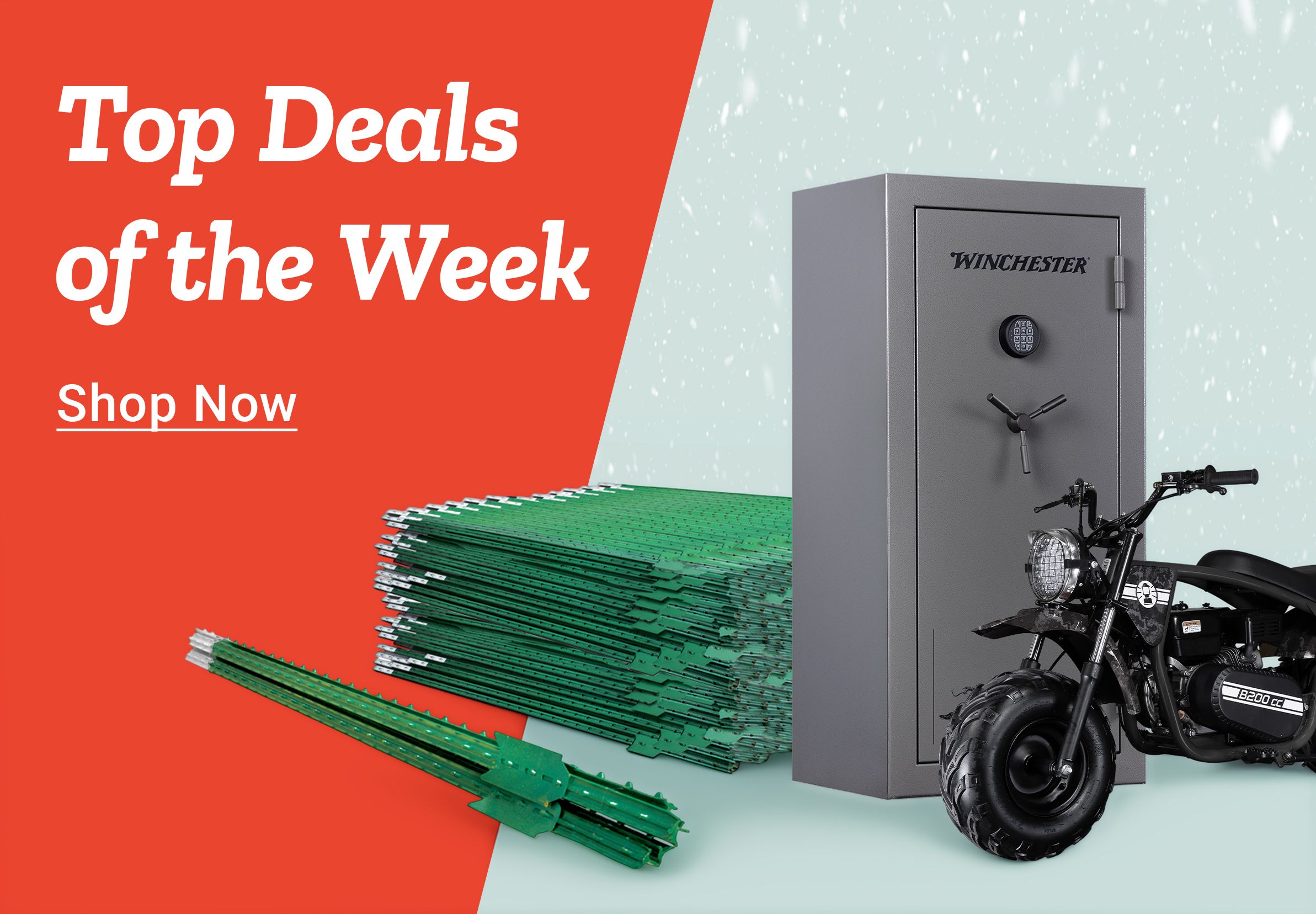 Promotional banner with a red and light blue split background. Large text on the left reads: Top Deals of the Week. A call to action below reads: Shop Now. On the right side of the image is a tall gray Winchester gun safe with a combination lock. In front of the safe is a black mini bike with thick tires and a visible engine labeled 200 cc. To the left of the safe is a stacked bundle of green metal fence posts, with several loose posts placed in front. The background includes a subtle falling snow effect, reinforcing a winter seasonal theme.