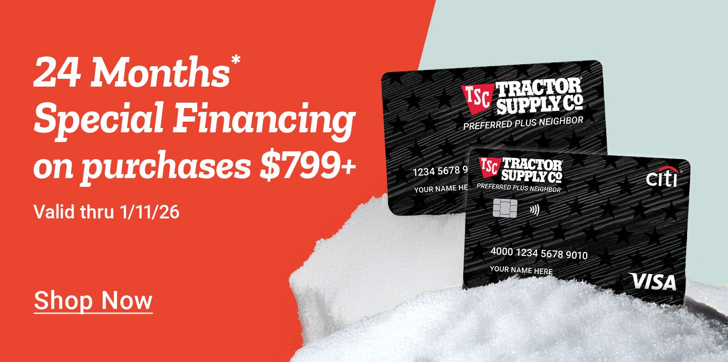 Promotional banner with a red and light blue split background. Large text on the left reads: 24 Months* Special Financing on purchases 799 dollars and up. Smaller text below reads: Valid thru January 11th 2026. A call to action below reads: Shop Now. On the right side of the image are two overlapping Tractor Supply Co. Preferred Plus Neighbor credit cards resting in a pile of snow. The cards display the TSC Tractor Supply Co. logo, the text Preferred Plus Neighbor, sample card numbers, the Citi logo, and the Visa logo. The overall design uses a winter theme with snow accents.