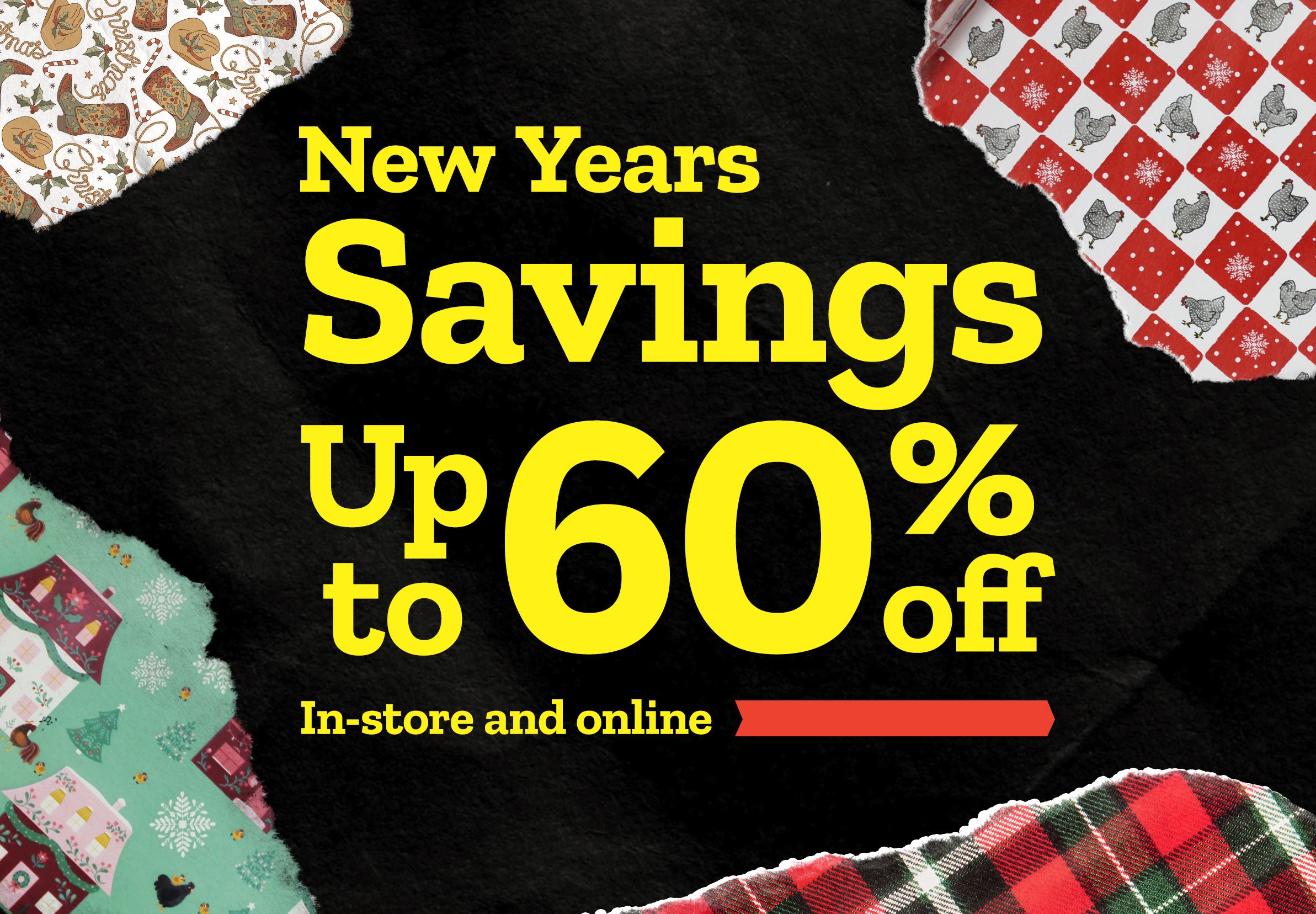 Promotional holiday image featuring a snowy rural farm scene at sunrise or sunset. Text at the top reads: Merry Christmas, to all Out Here. Below that, text reads: Great deals are waiting for you online while we're at home with our families. A call to action below reads: Shop Now. The background shows a red Tractor Supply Co. barn with white trim, a fenced pasture with a horse grazing in the snow, holiday wreaths on fence posts, leafless trees, and snow-covered mountains in the distance under a soft pastel sky.