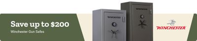 Promotional banner featuring Winchester gun safes with a save up to $200 offer.