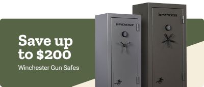 Promotional banner featuring Winchester gun safes with a save up to $200 offer.