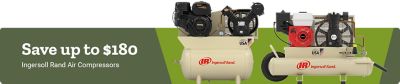 Promotional banner featuring Ingersoll Rand air compressors with a save up to $180 offer.