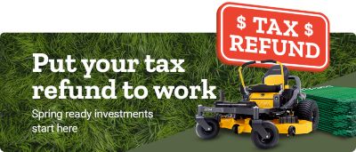Promotional banner with text reading: Put your tax refund to work. Spring ready investments start here. Shop Now.