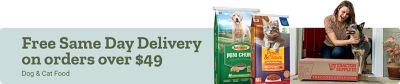 Promotional banner featuring dog and cat food with free same day delivery on orders over $50.