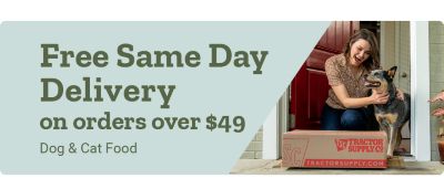 Promotional banner featuring dog and cat food with free same day delivery on orders over $50.