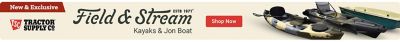 New and Exclusive. TSC Tractor Supply Co. Field & Stream. ESTB 1871. Kayaks and Jon Boat. Shop Now. A promotional banner featuring Field & Stream branded kayaks and a jon boat displayed against a beige background.