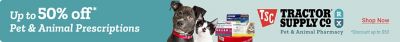 Up to 50 percent off* Pet and Animal Prescriptions. TSC Tractor Supply Co. RX Pet and Animal Pharmacy. Shop Now. *Discount up to 50 dollars. A promotional banner featuring a dog and cat beside prescription medication boxes labeled NexGard PLUS, Simparica TRIO, and Revolution Plus against a teal background.