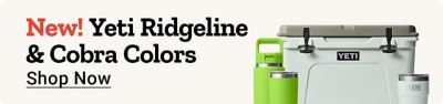 New! Yeti Ridgeline & Cobra Colors. YETI. Shop Now. A promotional banner featuring YETI drinkware and a cooler in green and neutral tones displayed against a light background.