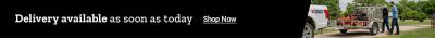 Delivery available as soon as today. Shop Now. A promotional banner showing a Tractor Supply Co. delivery truck and trailer transporting outdoor equipment while two people stand nearby in a grassy area.