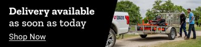 Delivery available as soon as today. Shop Now. A promotional banner showing a Tractor Supply Co. delivery truck and trailer transporting outdoor equipment while two people stand nearby in a grassy area.