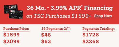 Buy Now, Pay Over Time. 36 months - 3.99 percent APR* Financing on TSC Purchases 1599 dollars plus. Shop Now. Financing examples: Purchase Price 1599 dollars with 36 payments of 48 dollars totaling 1728 dollars; Purchase Price 2099 dollars with 36 payments of 63 dollars totaling 2268 dollars; Purchase Price 3999 dollars with 36 payments of 119 dollars totaling 4284 dollars. A promotional banner featuring a zero turn riding mower, a side by side utility vehicle, and Tractor Supply Co. credit cards with Visa and Citi logos displayed against a red background.