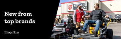 New from top brands. Shop Now. A promotional banner showing a Tractor Supply Co. employee in a red vest speaking with a customer seated on a yellow zero turn mower outside a Tractor Supply Co. store, with additional riding mowers and equipment displayed in the background.
