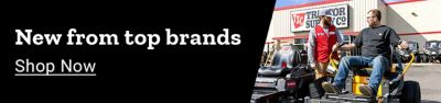 New from top brands. Shop Now. A promotional banner showing a Tractor Supply Co. employee in a red vest speaking with a customer seated on a yellow zero turn mower outside a Tractor Supply Co. store, with additional riding mowers and equipment displayed in the background.