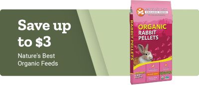 Save up to 3 dollars. Nature's Best Organic Feeds. A promotional banner featuring a pink bag labeled Nature's Best Organic Feeds Organic Rabbit Pellets with an image of a rabbit on the packaging displayed against a green background.