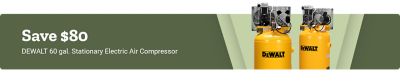 Save 80 dollars on DEWALT 60 gallon stationary electric air compressor. A promotional banner featuring two yellow DEWALT vertical air compressors displayed against a green background.