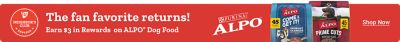 Tractor Supply Company Neighbor's Club promotion. The fan favorite returns. Earn 3 dollars in rewards on Purina ALPO dog food. Image shows ALPO Come and Get It Cookout Classics and ALPO Prime Cuts 45 pound bags. Shop Now button displayed.