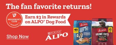 Tractor Supply Company Neighbor's Club promotion. The fan favorite returns. Earn 3 dollars in rewards on Purina ALPO dog food. Image shows ALPO Come and Get It Cookout Classics and ALPO Prime Cuts 45 pound bags. Shop Now button displayed.
