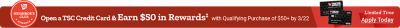 TSC Neighbors Club Rewards. Open a TSC Credit Card and Earn 50 dollars in Rewards‡ with Qualifying Purchase of 50 dollars plus by March 22nd. Limited Time. Apply Today. A promotional banner featuring Tractor Supply Co. credit cards with Visa and Citi logos displayed on the right against a red background.