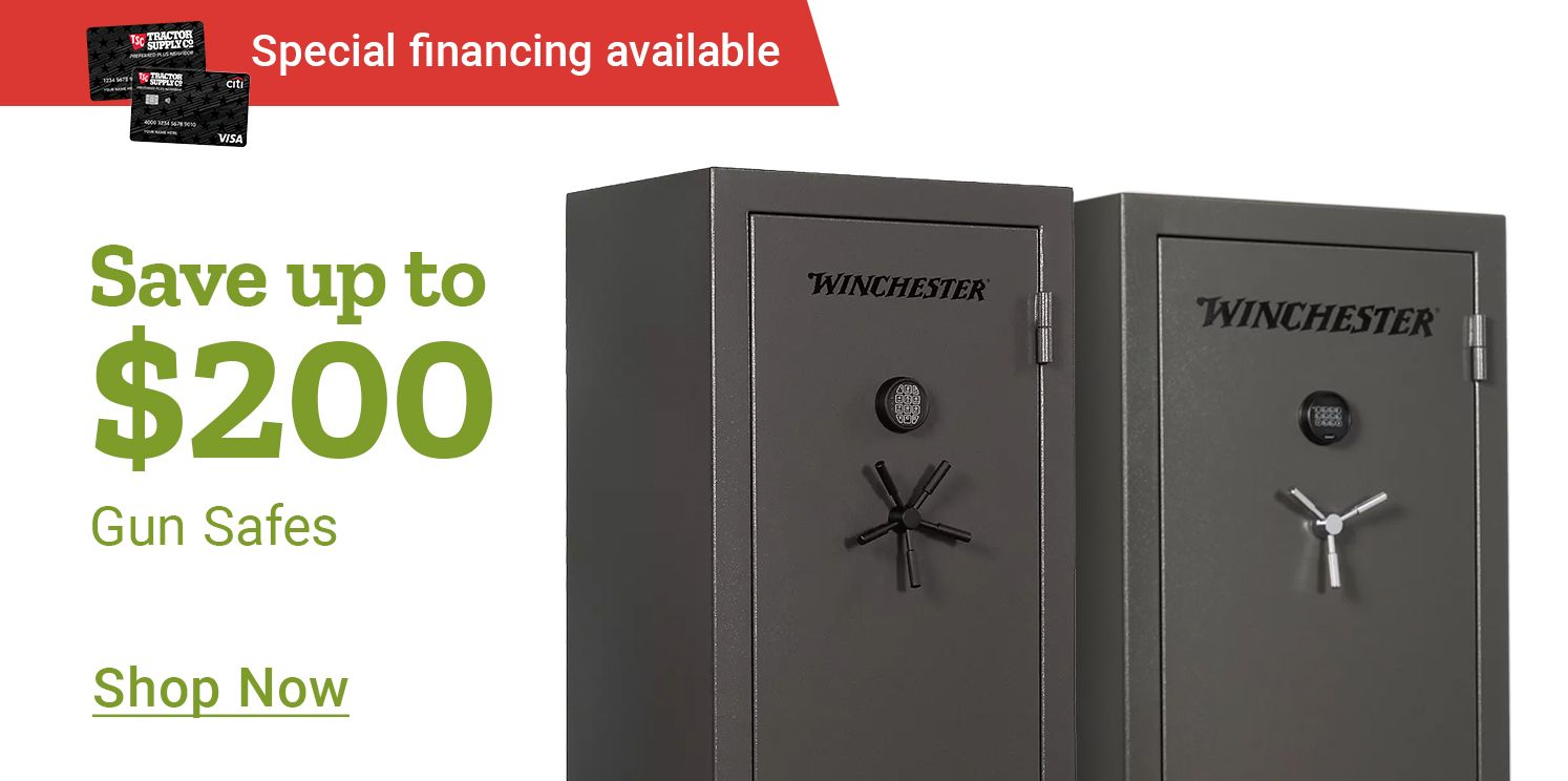 Tractor Supply Company promotion. Save up to 200 dollars on gun safes with special financing available. Image shows two Winchester gun safes. Shop Now button displayed.