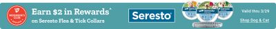 TSC Neighbor's Club Rewards. Earn 2 dollars in rewards on Seresto flea and tick collars. Valid thru March 29th. Shop dog and cat. A promotional banner featuring Seresto flea and tick collar products for cats and dogs.