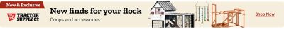 New and Exclusive. Tractor Supply Co. New finds for your flock. Coops and accessories. Shop Now. A promotional banner featuring a chicken coop and wooden chicken accessories displayed against a light background.