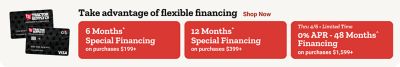Tractor Supply Company promotion. Take advantage of flexible financing including 6 months financing on purchases of 199 dollars or more, 12 months financing on purchases of 399 dollars or more, and 0 percent APR for 48 months financing on purchases of 1599 dollars or more. Image shows TSC credit cards. Shop Now.